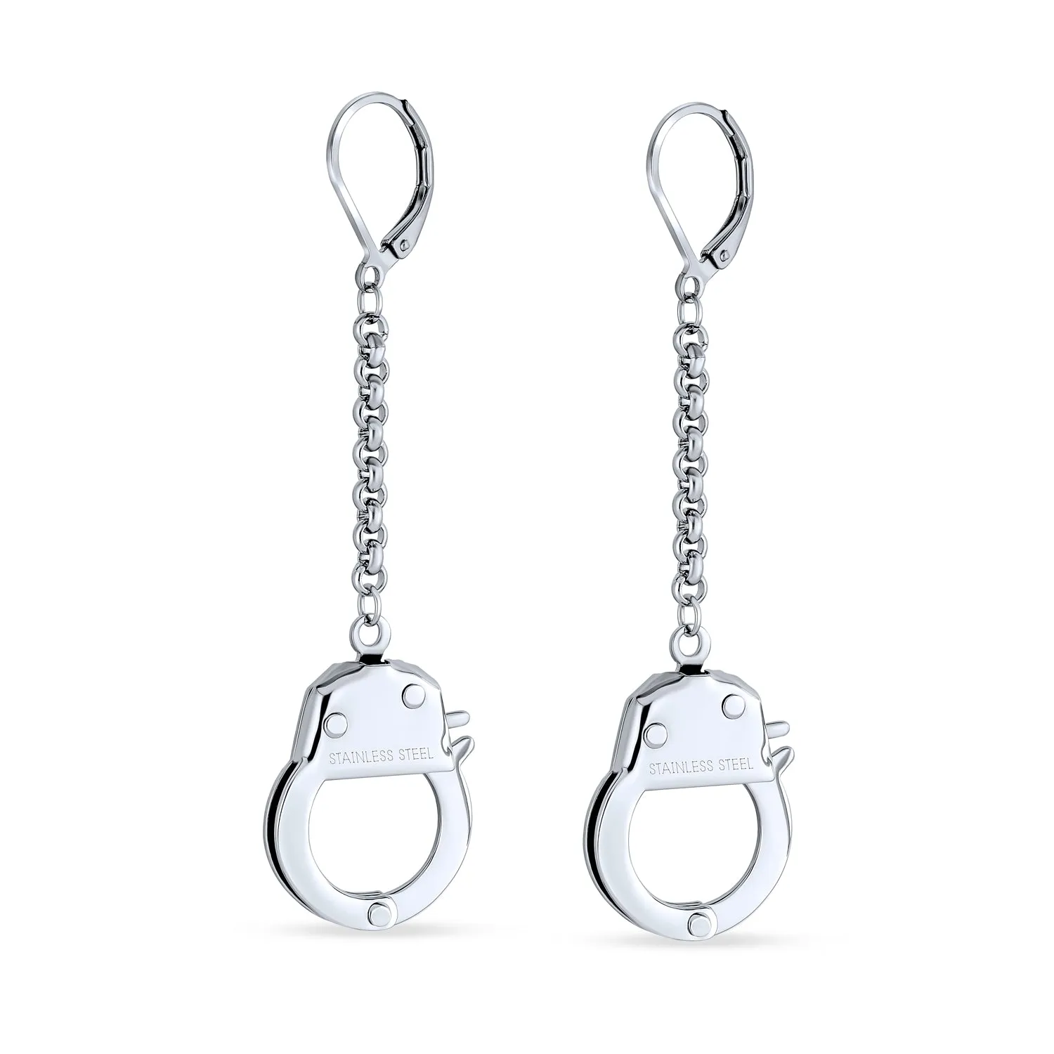 Partners Couples Grey Handcuffs Lever Back Dangle Earrings BlackSilver Tone Steel