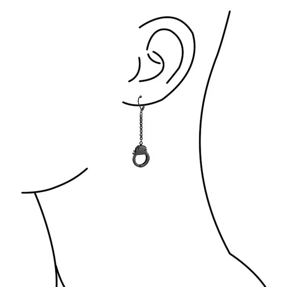 Partners Couples Grey Handcuffs Lever Back Dangle Earrings BlackSilver Tone Steel