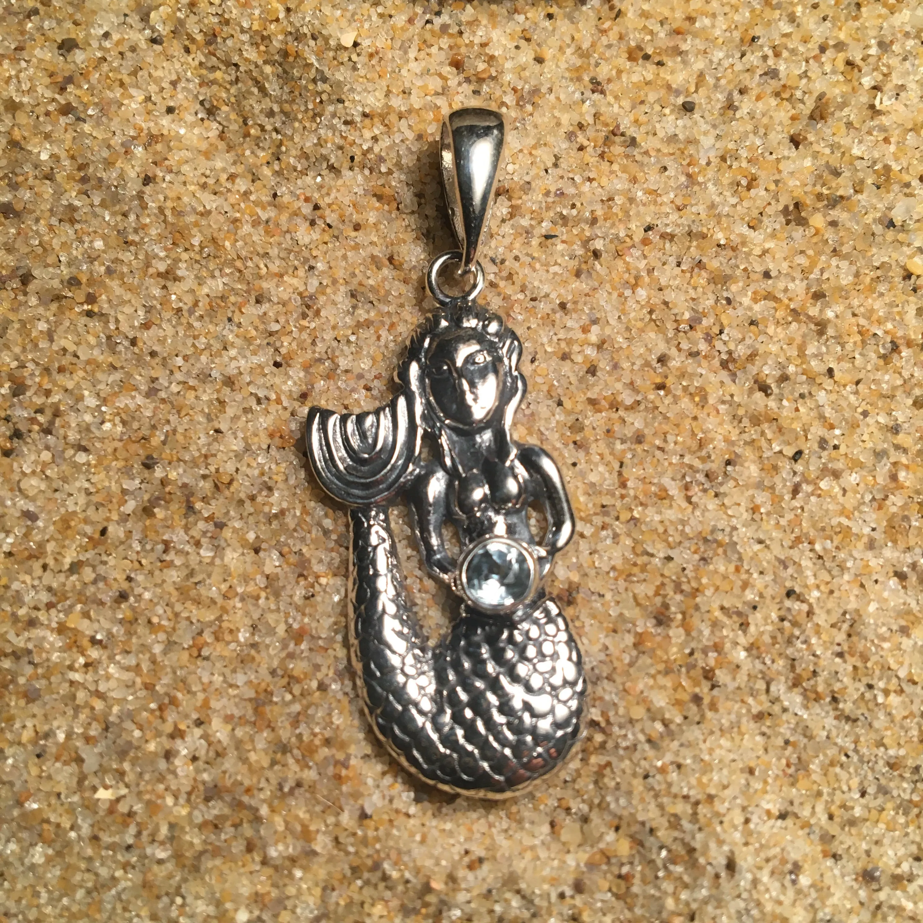 Pendant Sterling Viking  Mermaid with Blue Topaz