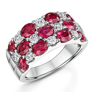 Platinum Oval-Cut Ruby & Brilliant-Cut Diamond Triple Row Ring 4.08ct