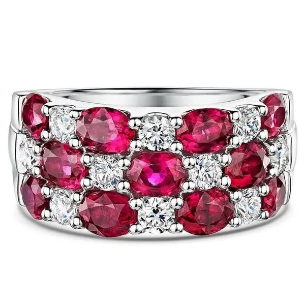 Platinum Oval-Cut Ruby & Brilliant-Cut Diamond Triple Row Ring 4.08ct
