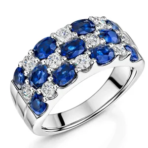 Platinum Oval-Cut Sapphire & Brilliant-Cut Diamond Triple Row Ring 4.06ct