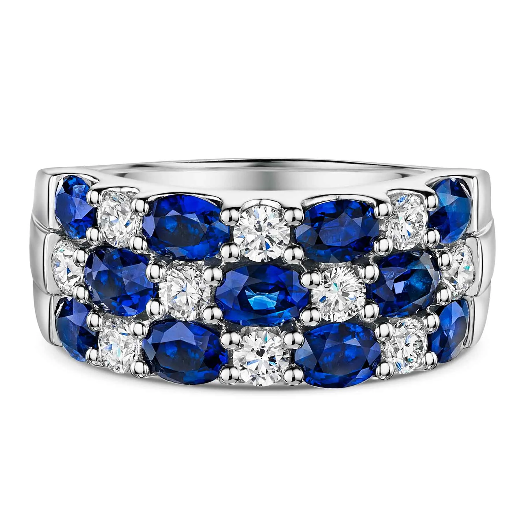 Platinum Oval-Cut Sapphire & Brilliant-Cut Diamond Triple Row Ring 4.06ct