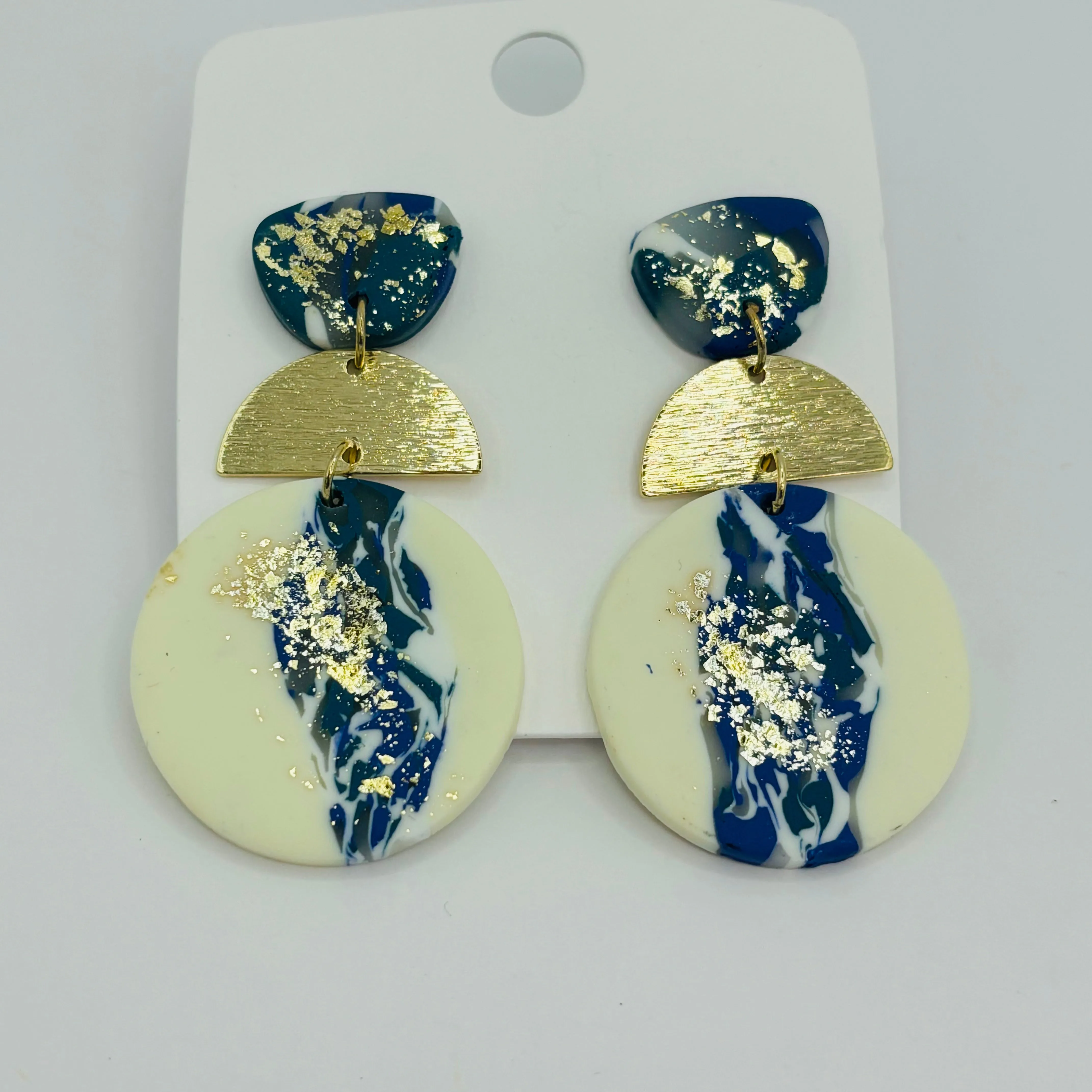 Polymer Clay Post Back Earrings in Navy and Gold or White Gold