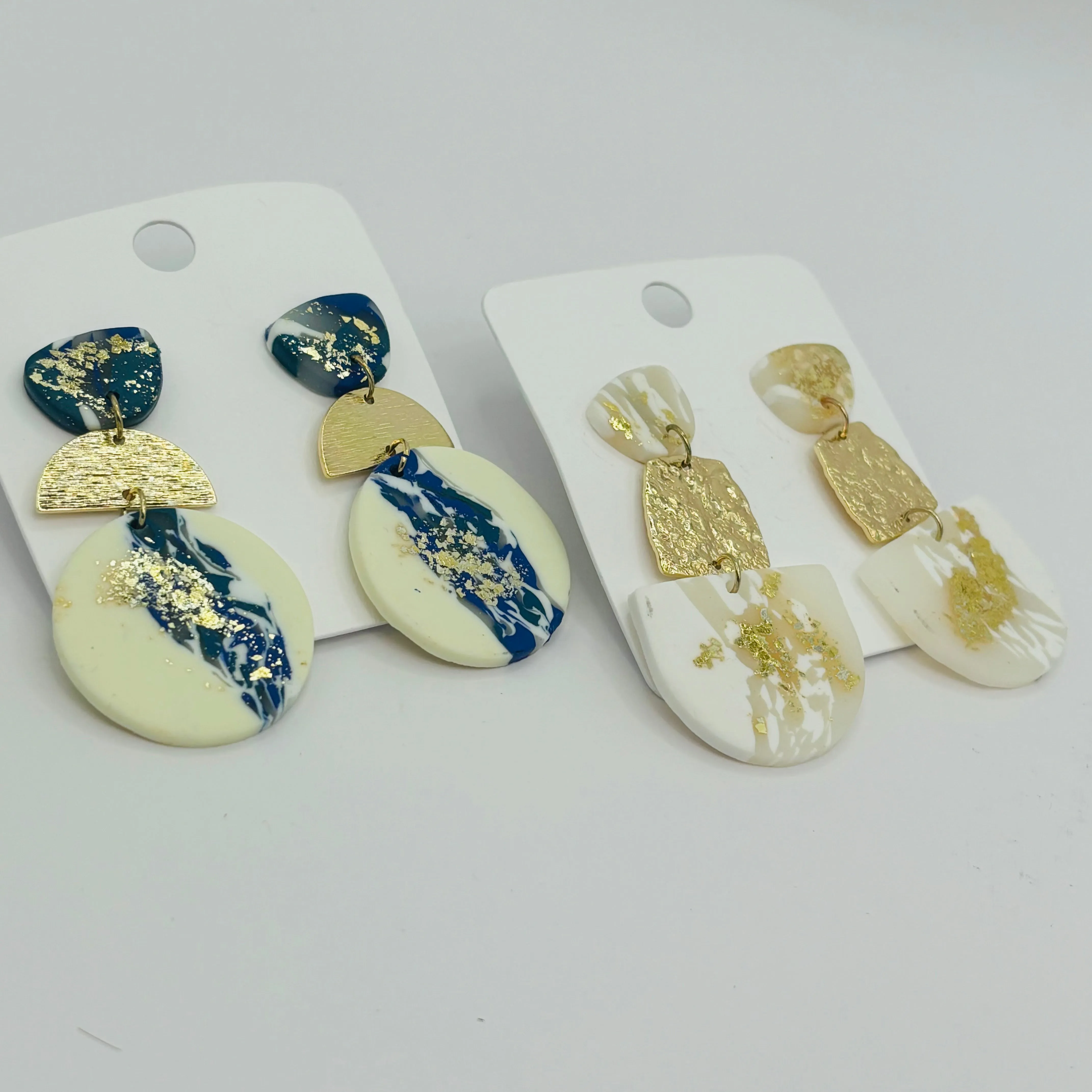 Polymer Clay Post Back Earrings in Navy and Gold or White Gold