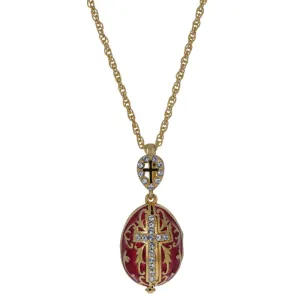 Red Enamel Brass 50 Crystals Triptych Icons Royal Egg Pendant Necklace