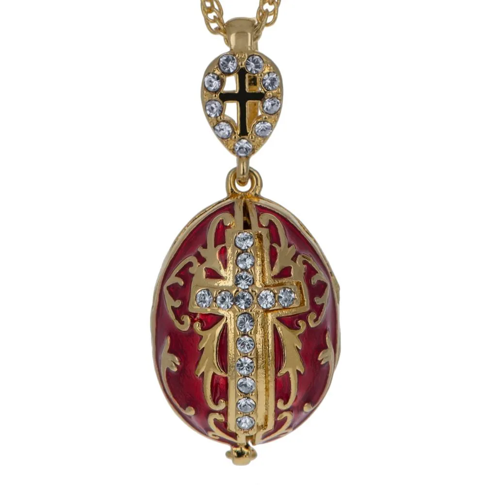 Red Enamel Brass 50 Crystals Triptych Icons Royal Egg Pendant Necklace