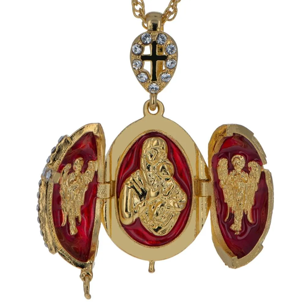 Red Enamel Brass 50 Crystals Triptych Icons Royal Egg Pendant Necklace