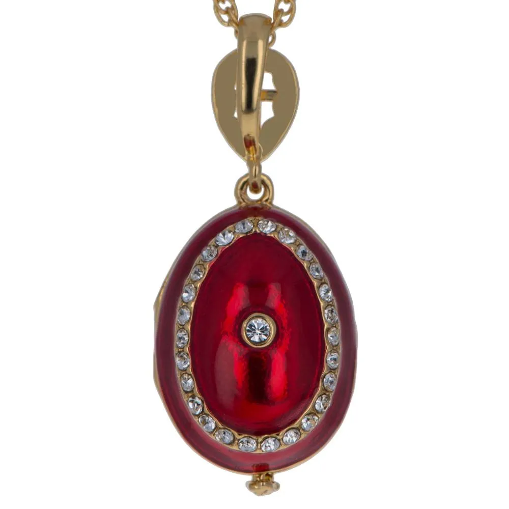 Red Enamel Brass 50 Crystals Triptych Icons Royal Egg Pendant Necklace