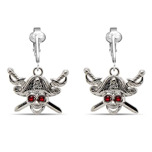 Red Eyed Skull and Crossbones Clip On Dangling Earrings