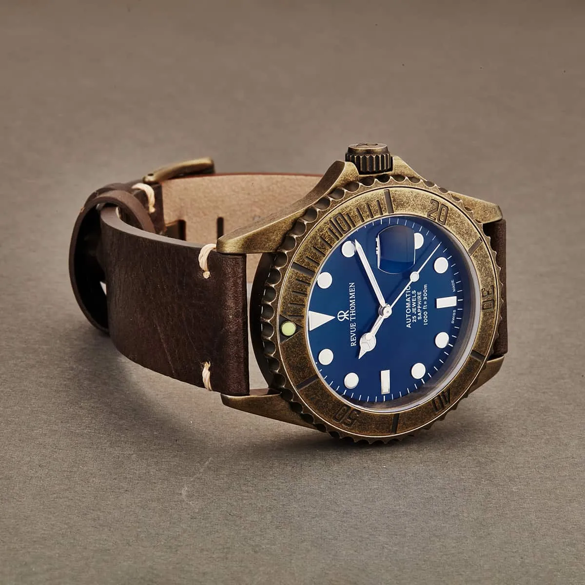 Revue Thommen 17571.2585 'Diver' Blue Dial Brown Leather Strap Gunmetal Automatic Watch