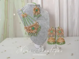 Ridhi Mint Green Earrings, Tikka & Passa Set