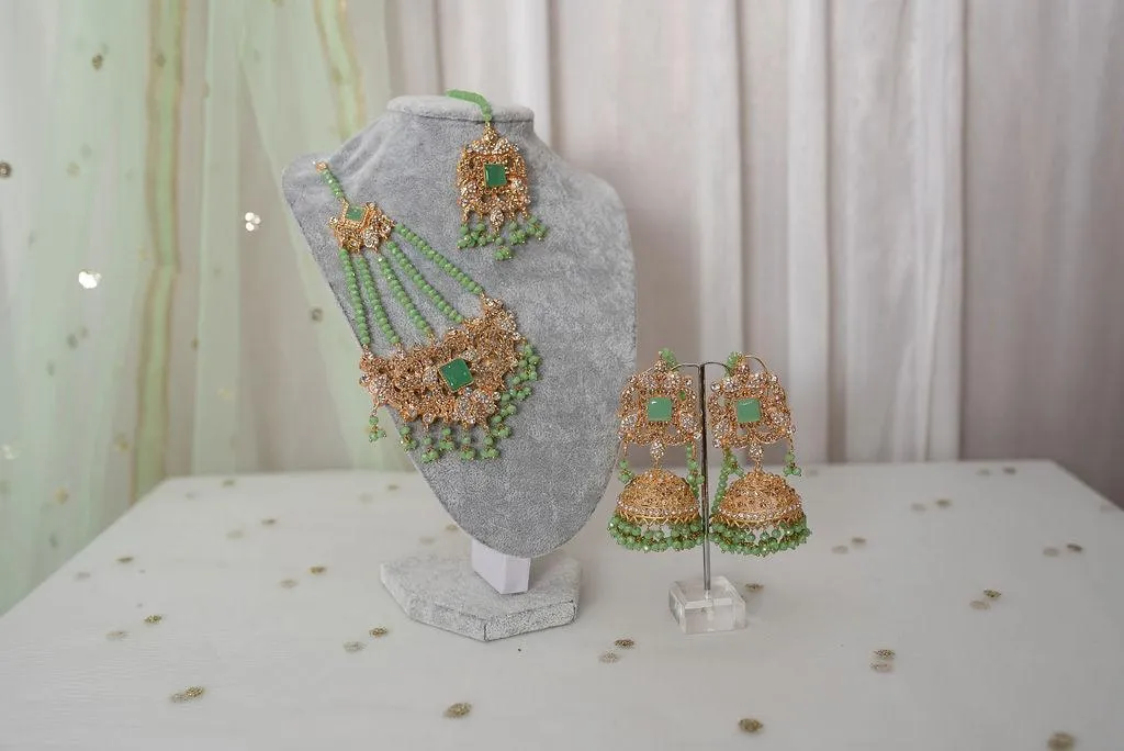Ridhi Mint Green Earrings, Tikka & Passa Set