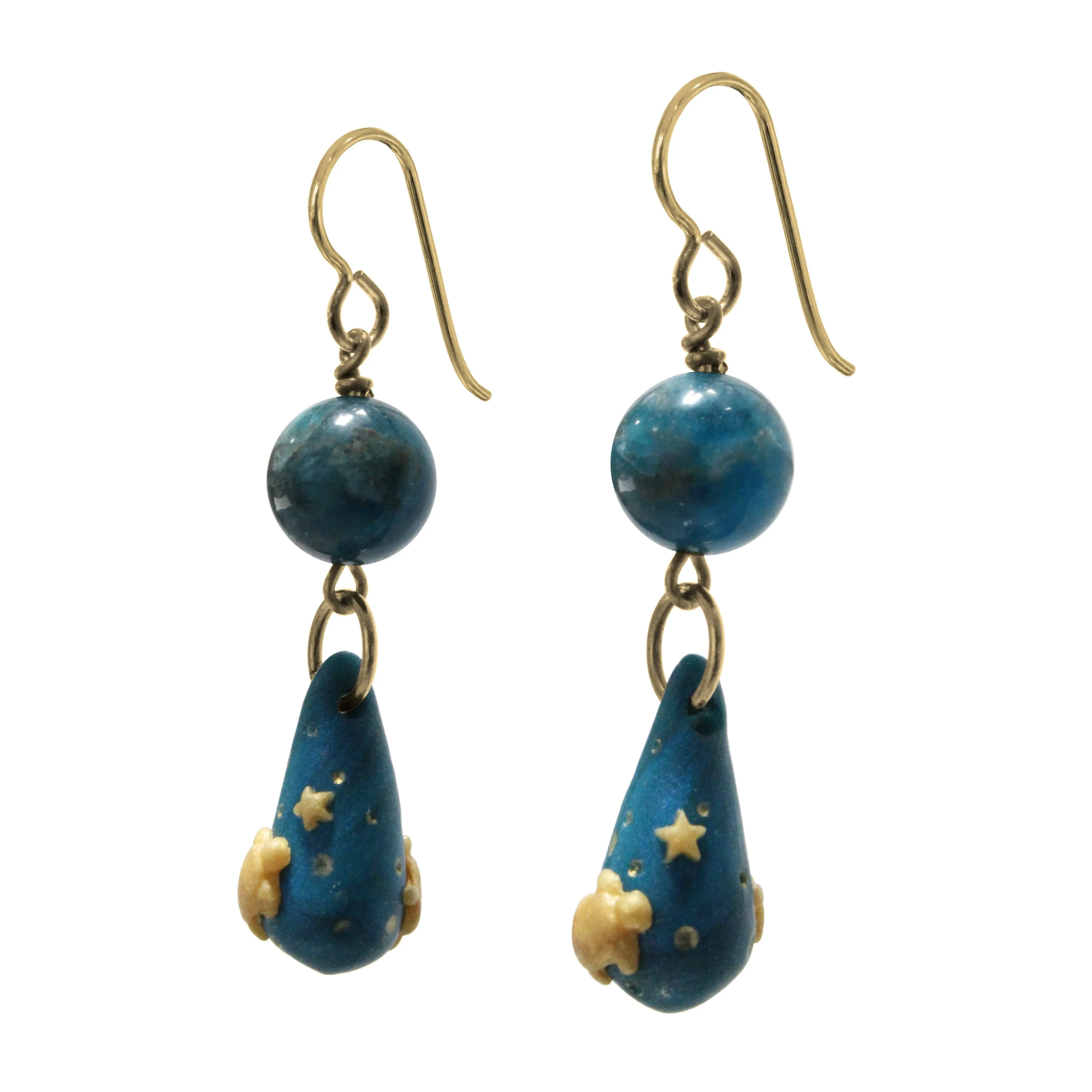 Sea Turtle Teardrop Earrings / 50mm length / with blue apatite gemstones / gold filled hook earwires