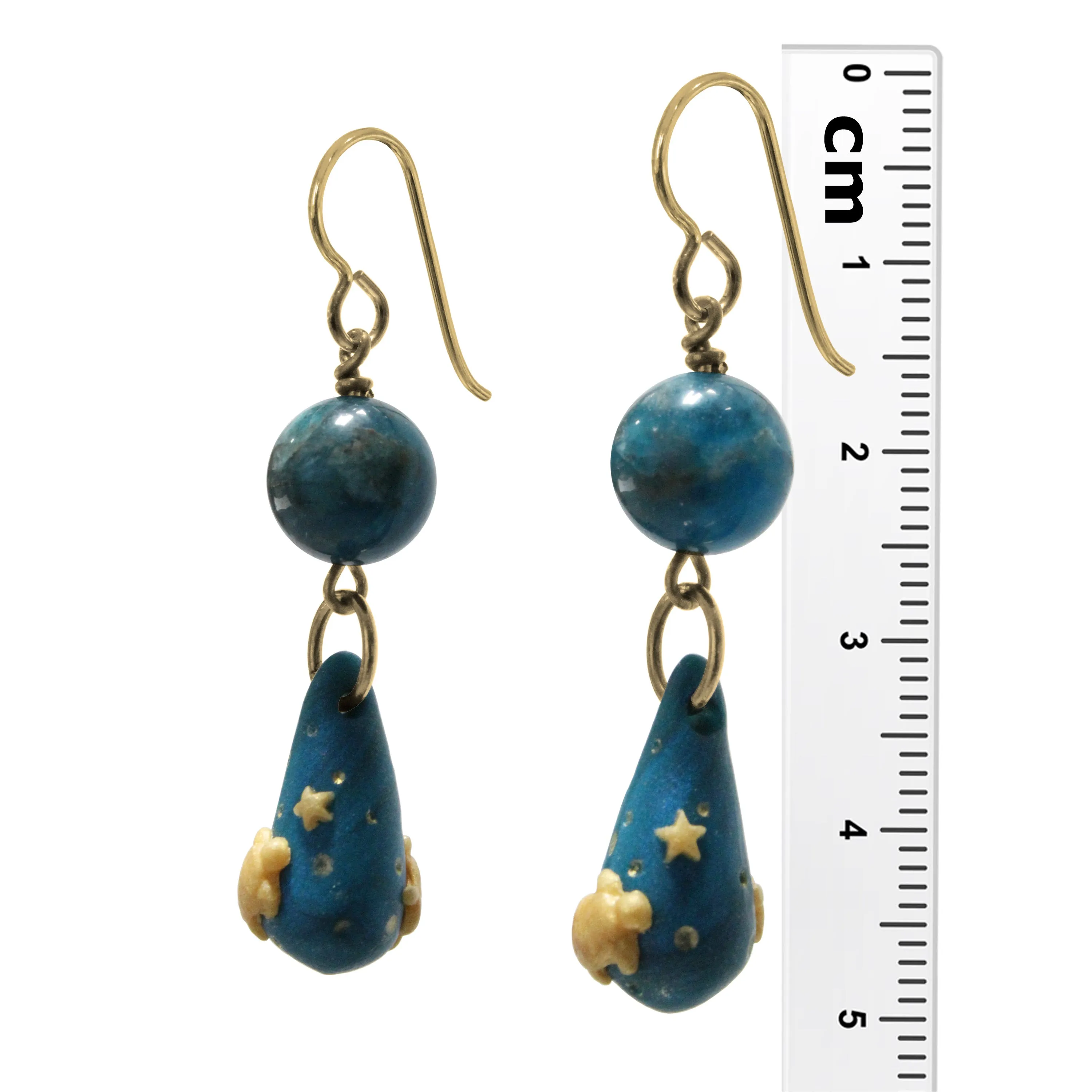 Sea Turtle Teardrop Earrings / 50mm length / with blue apatite gemstones / gold filled hook earwires