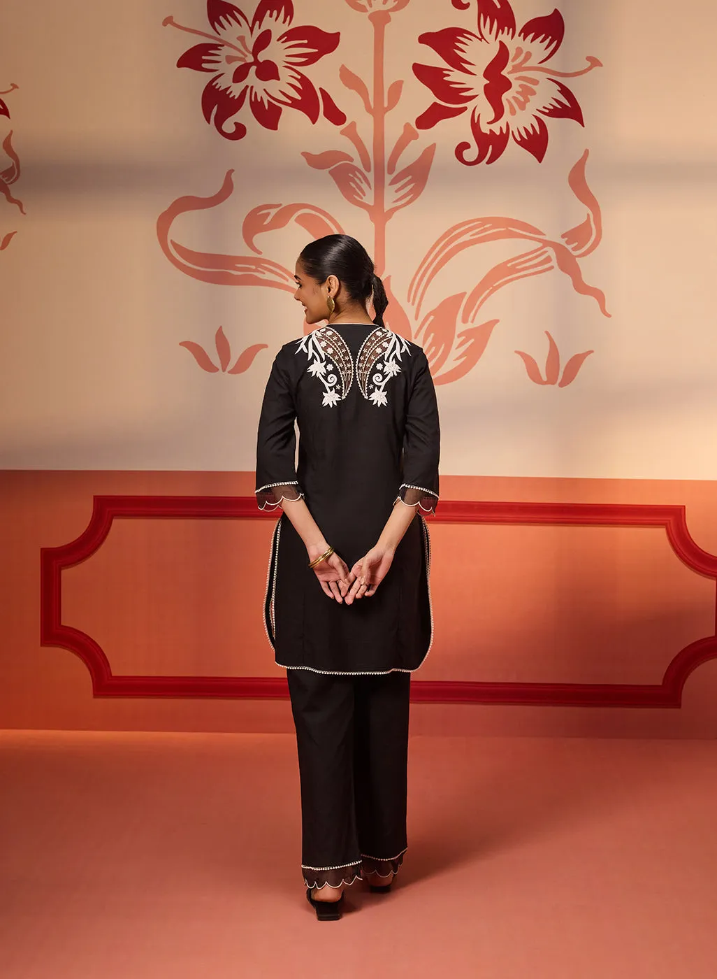 Shehwar Salmon Black Embroidered Cotton Linen Co-Ord Set For Women