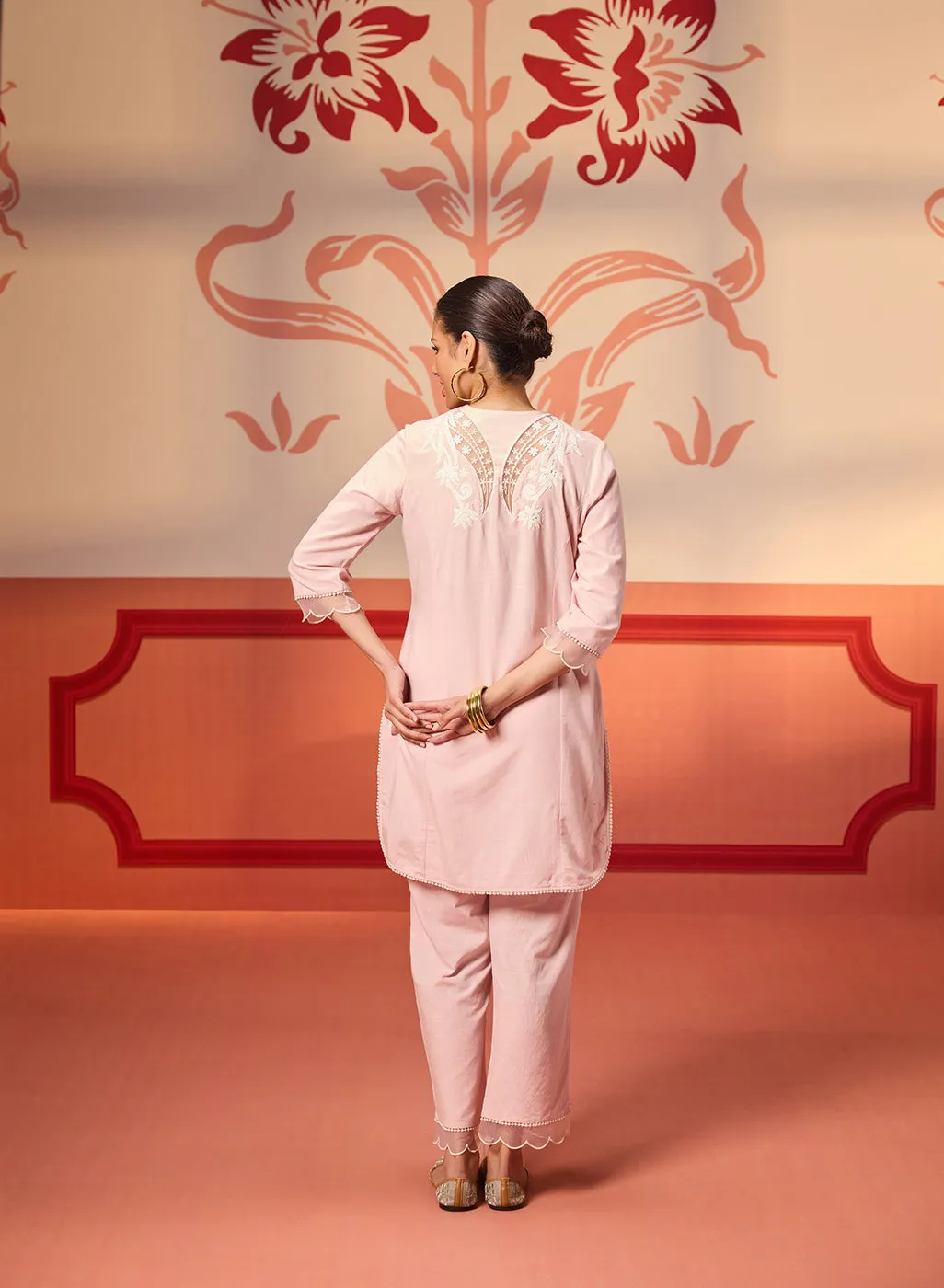 Shehwar Salmon Pink Embroidered Cotton Linen Co-Ord Set For Women