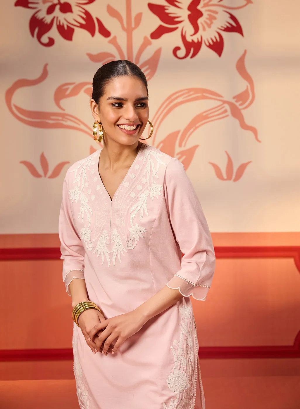 Shehwar Salmon Pink Embroidered Cotton Linen Co-Ord Set For Women