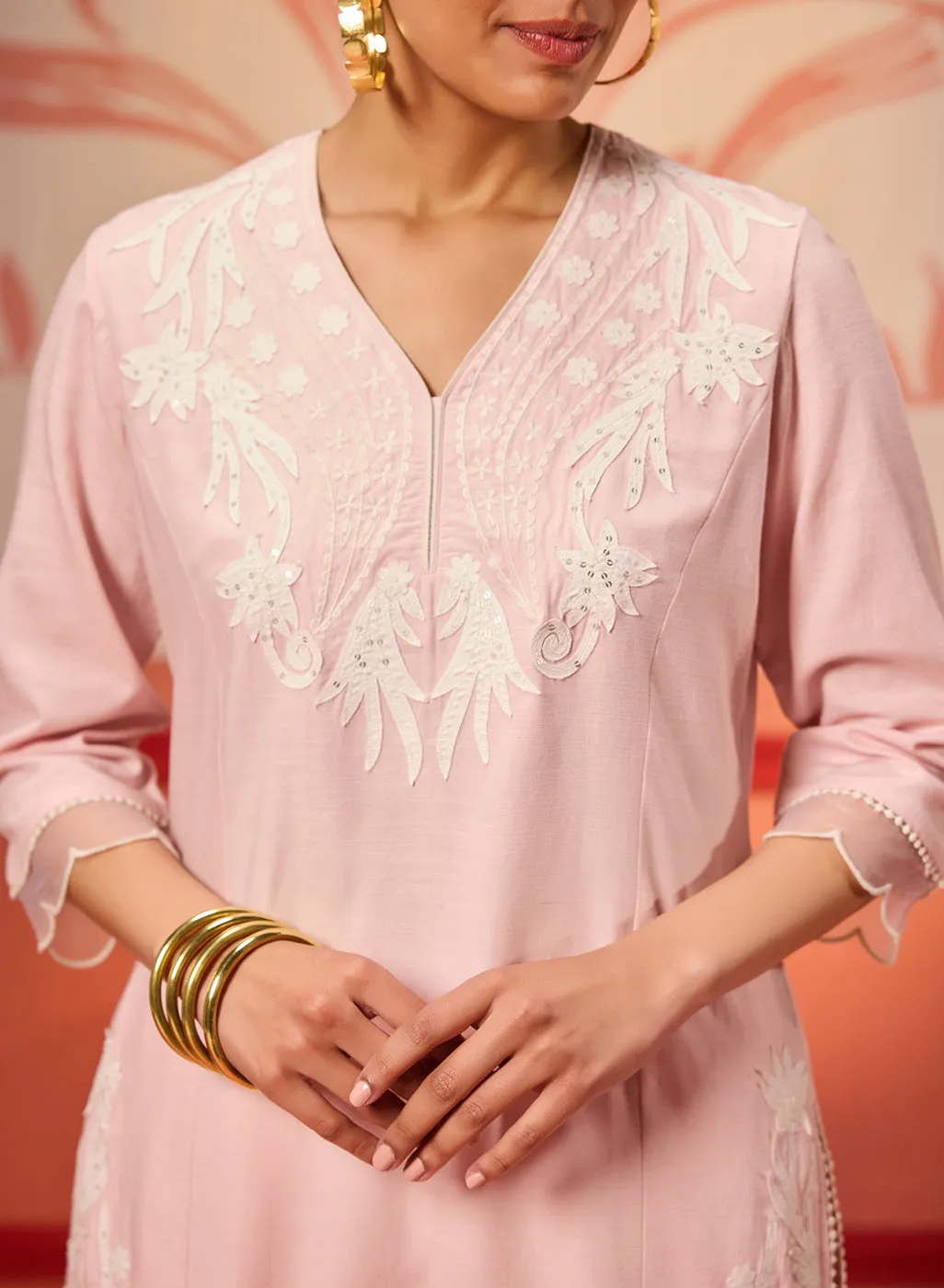 Shehwar Salmon Pink Embroidered Cotton Linen Co-Ord Set For Women