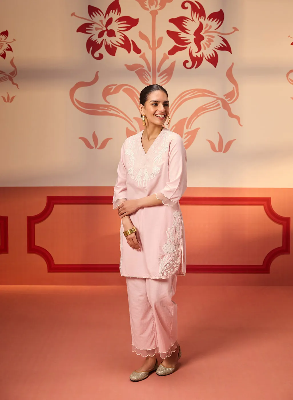 Shehwar Salmon Pink Embroidered Cotton Linen Co-Ord Set For Women