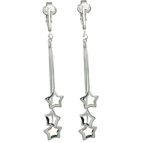 Silver Chain Stars Clip On Dangling Earrings