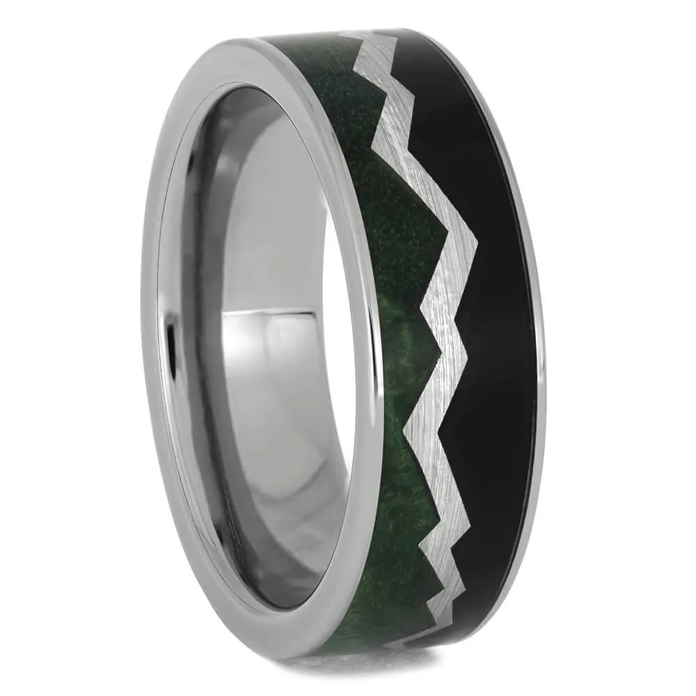 Silver Mountain Range Wedding Band with Green Burl and Ebony Wood