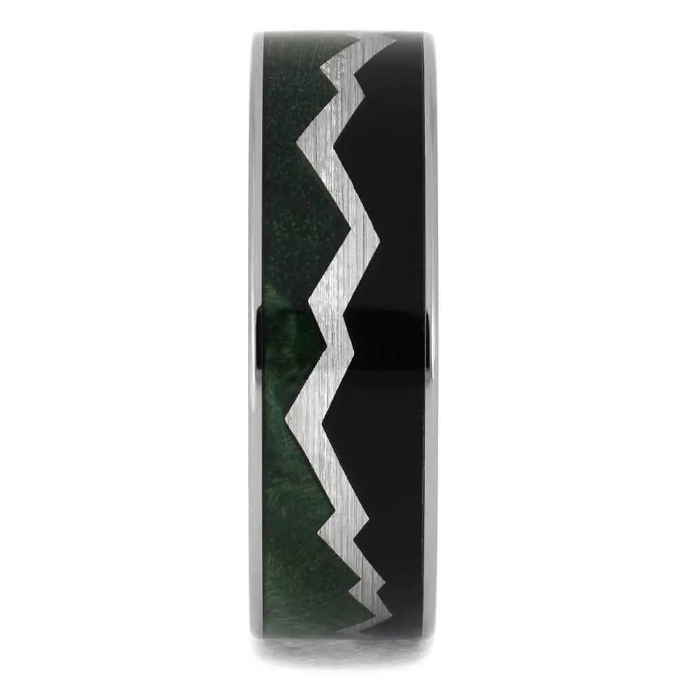 Silver Mountain Range Wedding Band with Green Burl and Ebony Wood