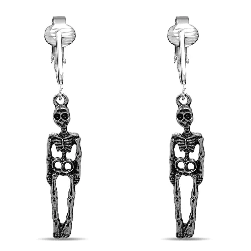 Silver Skeletons Clip On Dangling Earrings