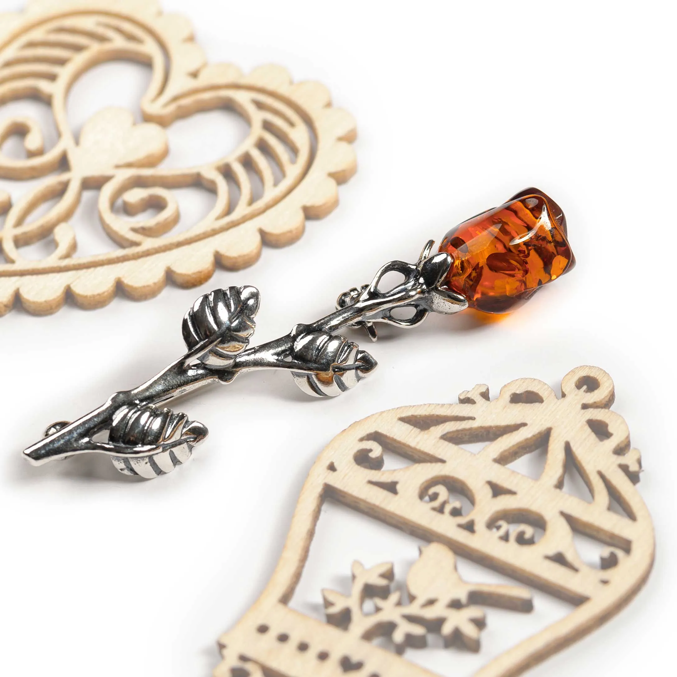 Single Stem Rose Brooch in Silver and Cognac Amber