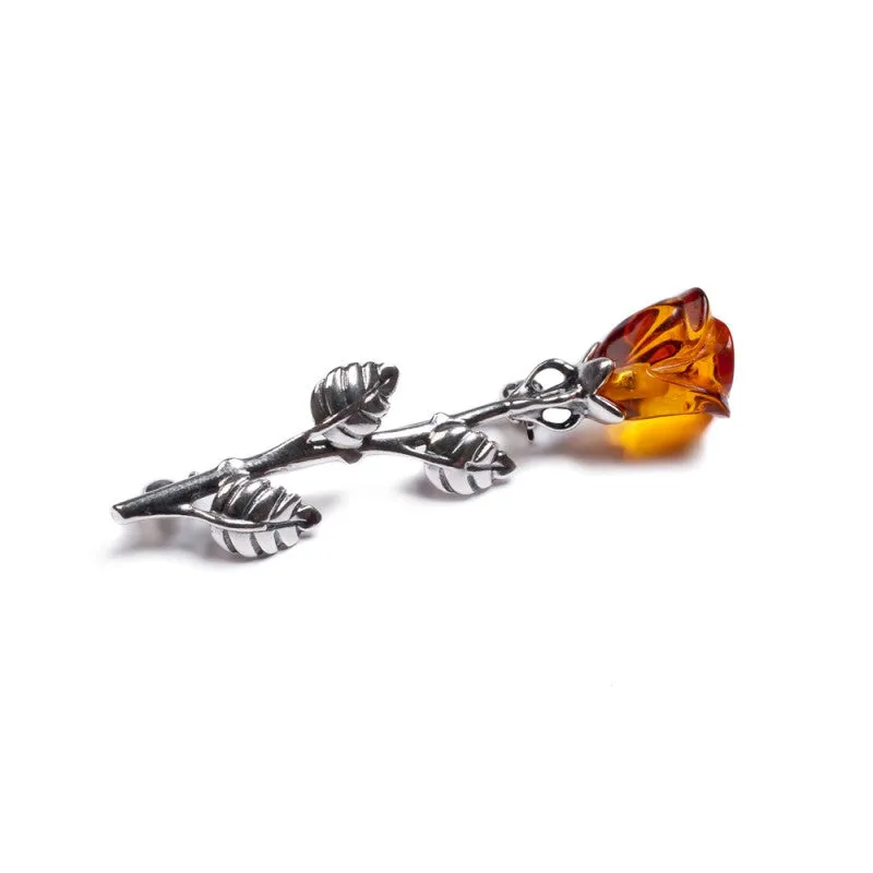 Single Stem Rose Brooch in Silver and Cognac Amber