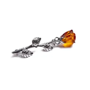 Single Stem Rose Brooch in Silver and Cognac Amber