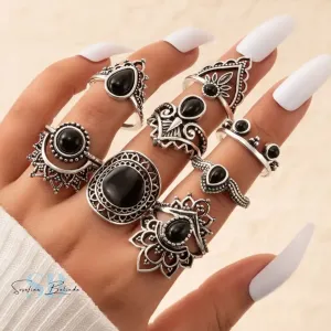 Southwest Crown Onyx and Silver Boho Ring Set