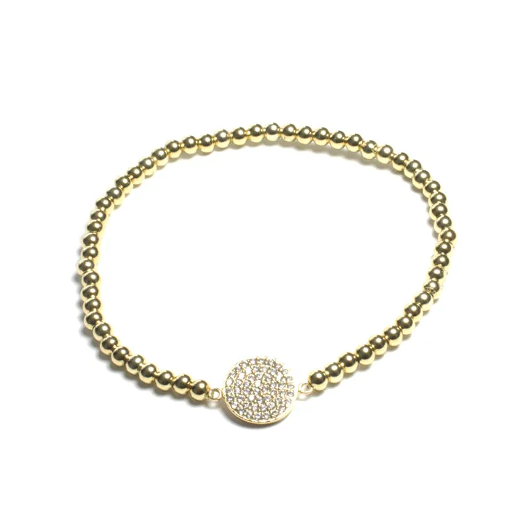 Stretch Beaded Bracelet with CZ Pave Disc - Gold or Silver