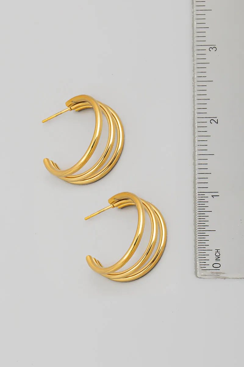 Three Line Hoop Earrings in Gold