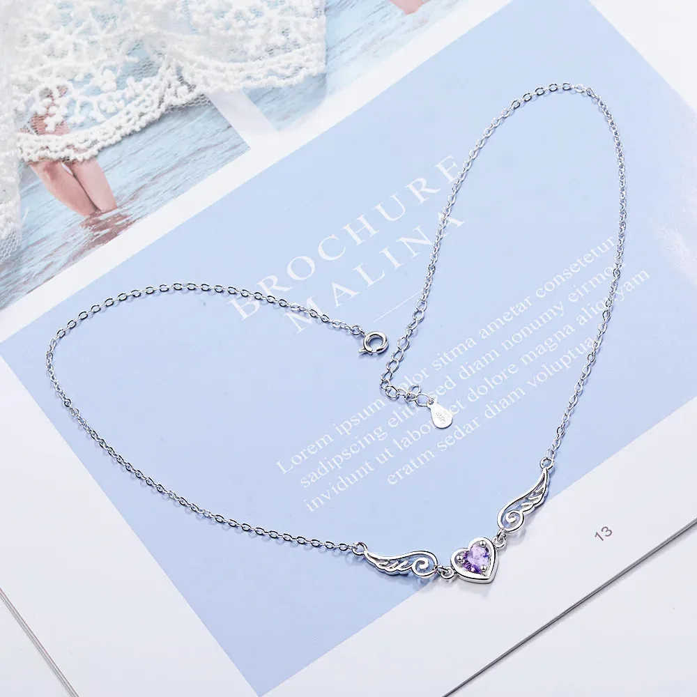 Trendy Purple Crystal Heart Angel Wings 925 Sterling Silver Pendant Necklaces for Women Jewelry Accessories