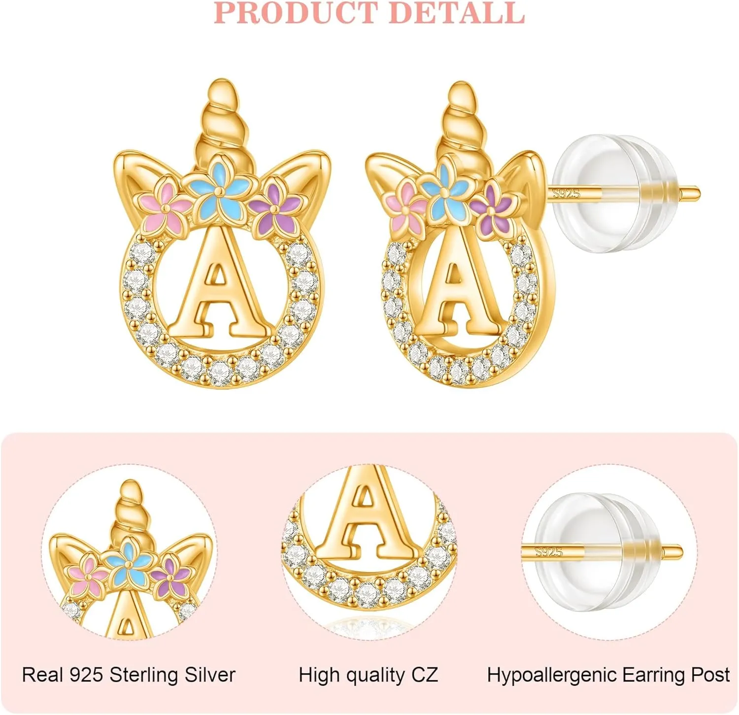 Unicorn Gifts for Girls - 14k Gold/White Gold/Rose Gold Plated Initial Earrings, Sterling Silver Post CZ Jewelry for Birthday
