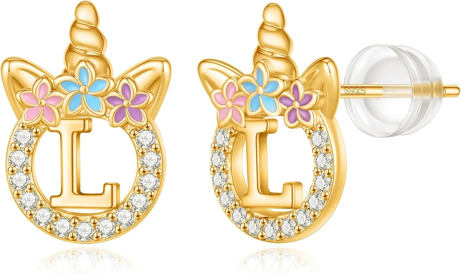 Unicorn Gifts for Girls - 14k Gold/White Gold/Rose Gold Plated Initial Earrings, Sterling Silver Post CZ Jewelry for Birthday