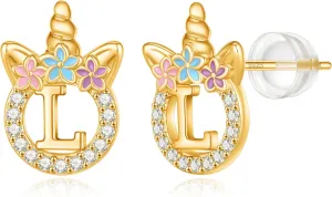 Unicorn Gifts for Girls - 14k Gold/White Gold/Rose Gold Plated Initial Earrings, Sterling Silver Post CZ Jewelry for Birthday