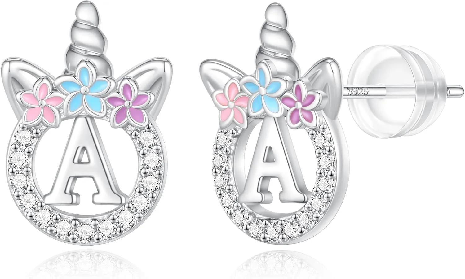 Unicorn Gifts for Girls - 14k Gold/White Gold/Rose Gold Plated Initial Earrings, Sterling Silver Post CZ Jewelry for Birthday