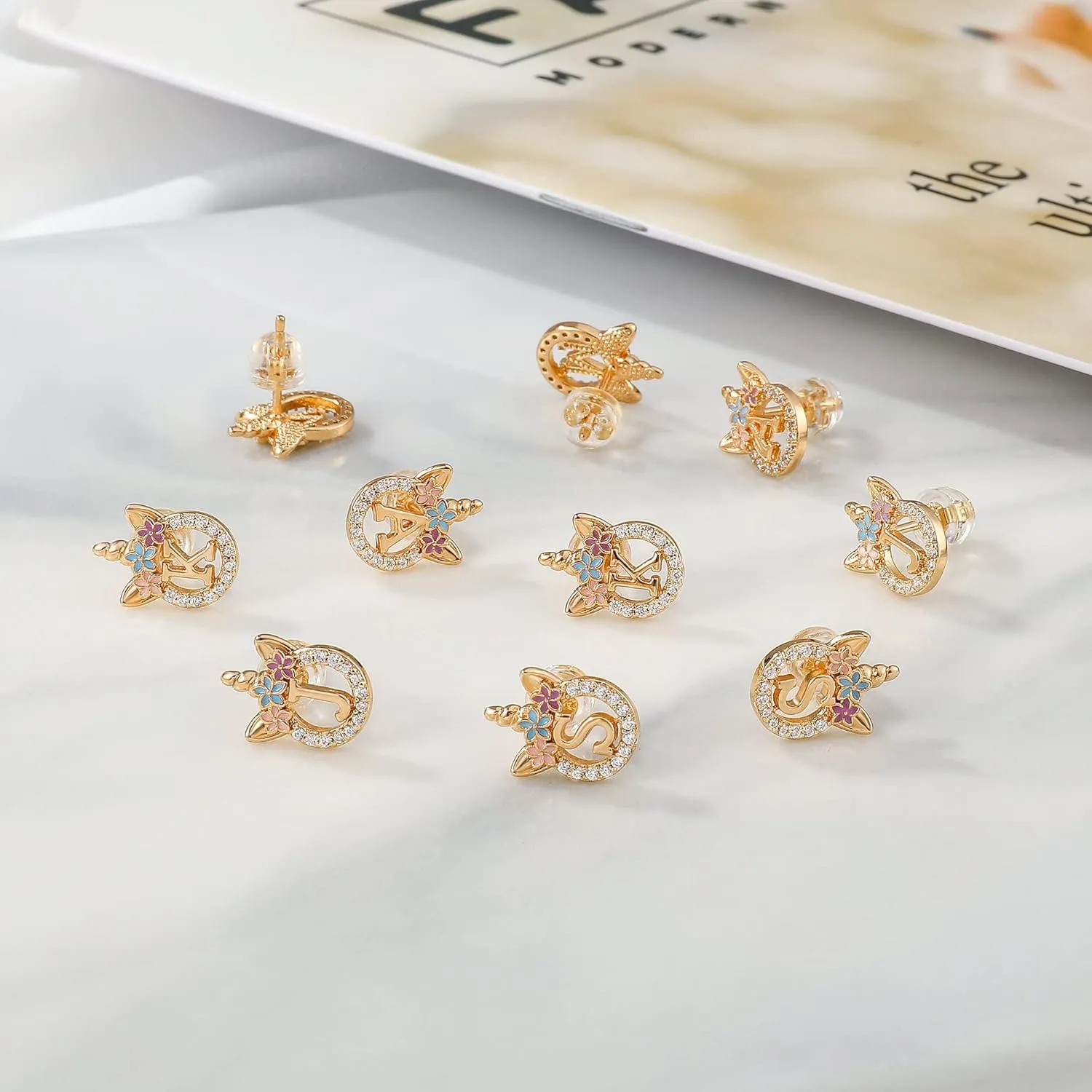 Unicorn Gifts for Girls - 14k Gold/White Gold/Rose Gold Plated Initial Earrings, Sterling Silver Post CZ Jewelry for Birthday
