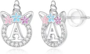 Unicorn Gifts for Girls - 14k Gold/White Gold/Rose Gold Plated Initial Earrings, Sterling Silver Post CZ Jewelry for Birthday