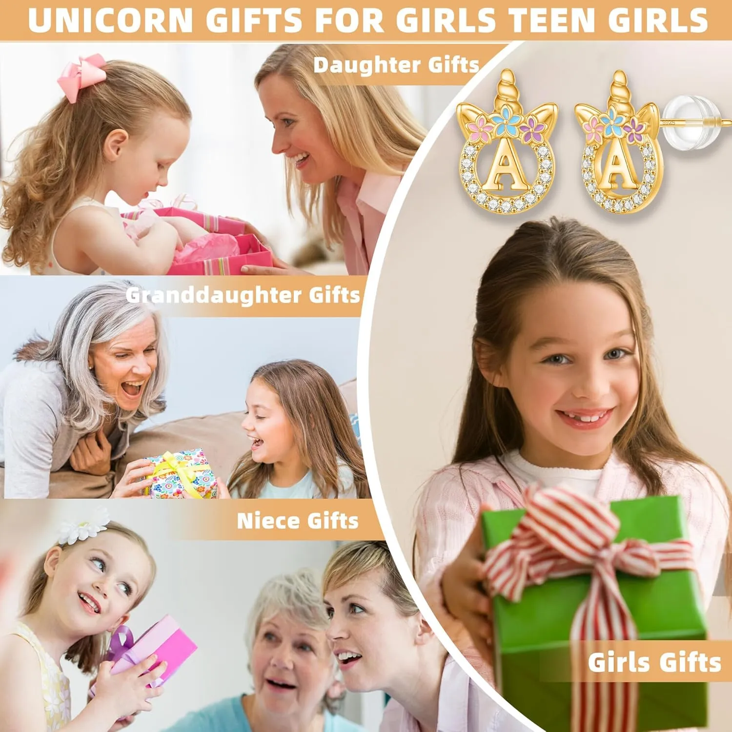 Unicorn Gifts for Girls - 14k Gold/White Gold/Rose Gold Plated Initial Earrings, Sterling Silver Post CZ Jewelry for Birthday