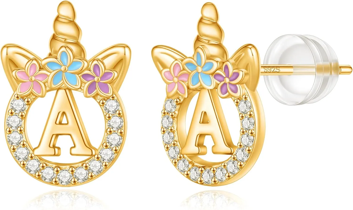 Unicorn Gifts for Girls - 14k Gold/White Gold/Rose Gold Plated Initial Earrings, Sterling Silver Post CZ Jewelry for Birthday