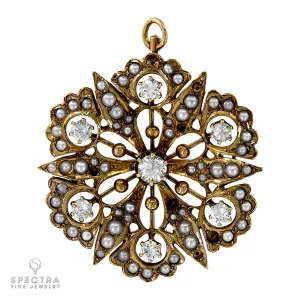 Victorian Diamond & Pearl Gold Starburst Pin/Pendant: Exquisite 18K Yellow Gold