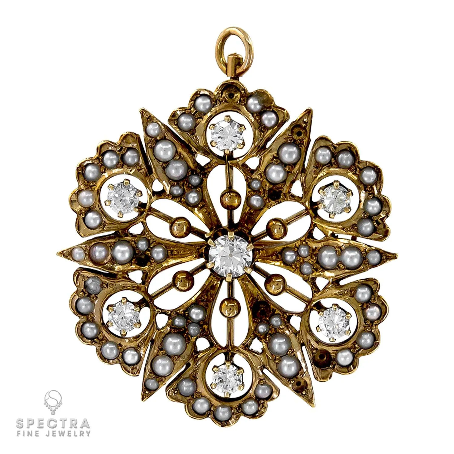 Victorian Diamond & Pearl Gold Starburst Pin/Pendant: Exquisite 18K Yellow Gold