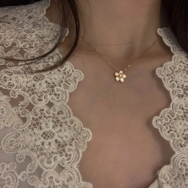 White Mother of pearl Cherry Blossom Necklace for Women Girls Simple