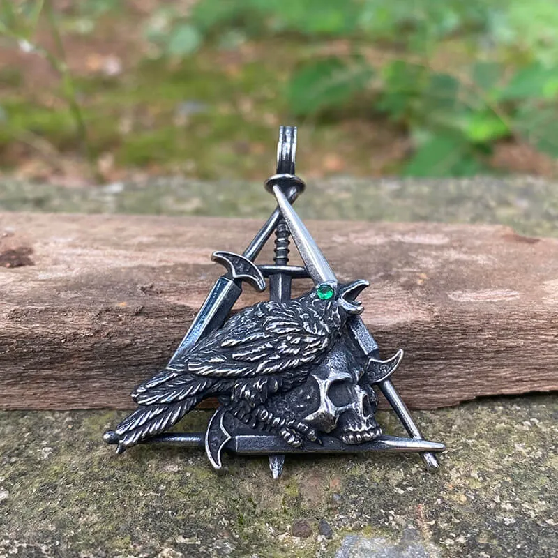 Wicca Sword Crow Stainless Steel Skull Pendant
